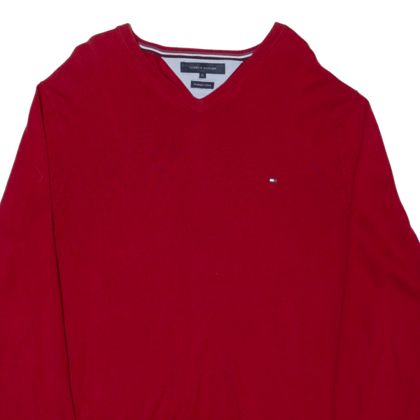 TOMMY HILFIGER Womens Jumper Red V-Neck Tight Knit XL Hot on Sale