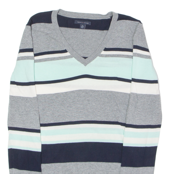 TOMMY HILFIGER Mens Jumper Grey Striped V-Neck Tight Knit XS Online