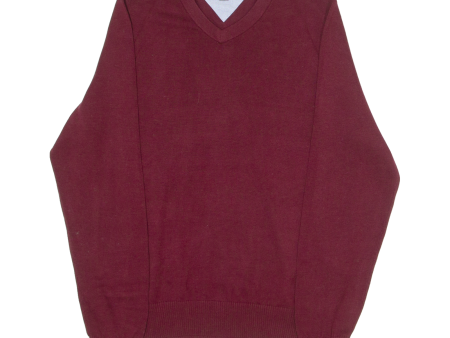 TOMMY HILFIGER Mens Jumper Maroon V-Neck Tight Knit S Fashion