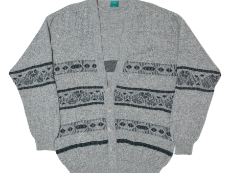 CANADA Womens Patterned Cardigan Grey Fair Isle Button Neck Tight Knit L For Cheap