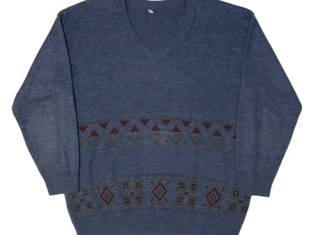 Mens Patterned Jumper Blue Crazy Pattern V-Neck Tight Knit M Online now