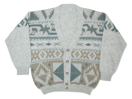 Womens Patterned Cardigan Grey Fair Isle Button Neck Tight Knit L Hot on Sale