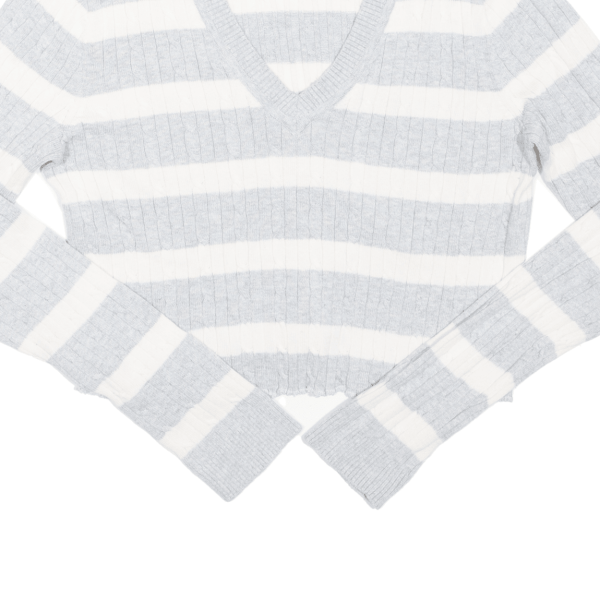 TOMMY HILFIGER Cropped Womens Jumper Grey Striped V-Neck Cable Knit M Online Hot Sale