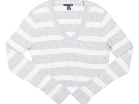 TOMMY HILFIGER Cropped Womens Jumper Grey Striped V-Neck Cable Knit M Online Hot Sale