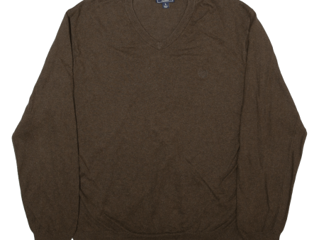 CHAPS Mens Jumper Brown V-Neck Tight Knit L Sale